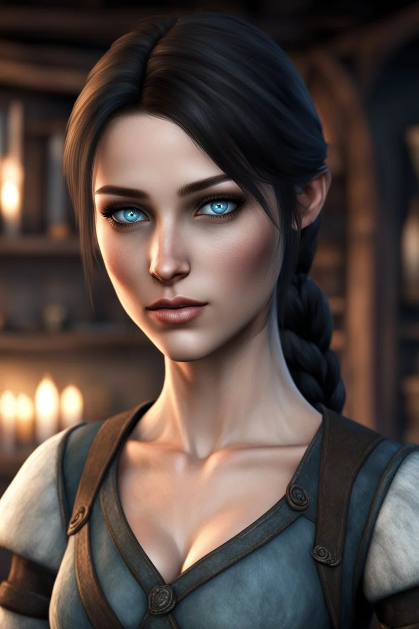 A female breton barmaid from Skyrim with light blue eyes, brunette, melancholic, wholesome