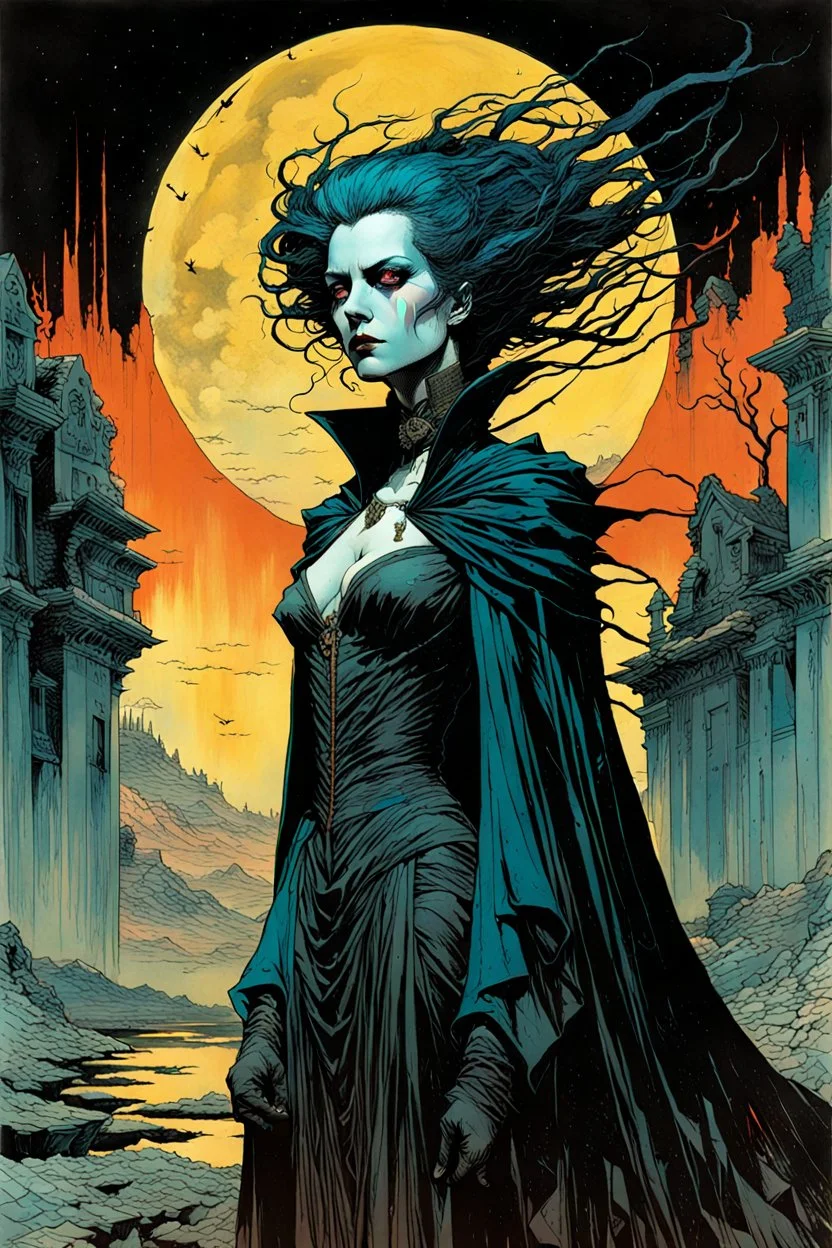 create a highly ethereal, darkly magical surrealist full body portrait illustration of an antediluvian female vampire with highly detailed and deeply cut facial features, in the chaotic, shifting, otherworldly landscape of a ruined 18th century PARIS in the comic art style of BILL SIENKIEWICZ, FRANK MILLER, and JEAN GIRAUD MOEBIUS, searing lines and forceful strokes, precisely drawn, boldly inked, darkly colored, negative space