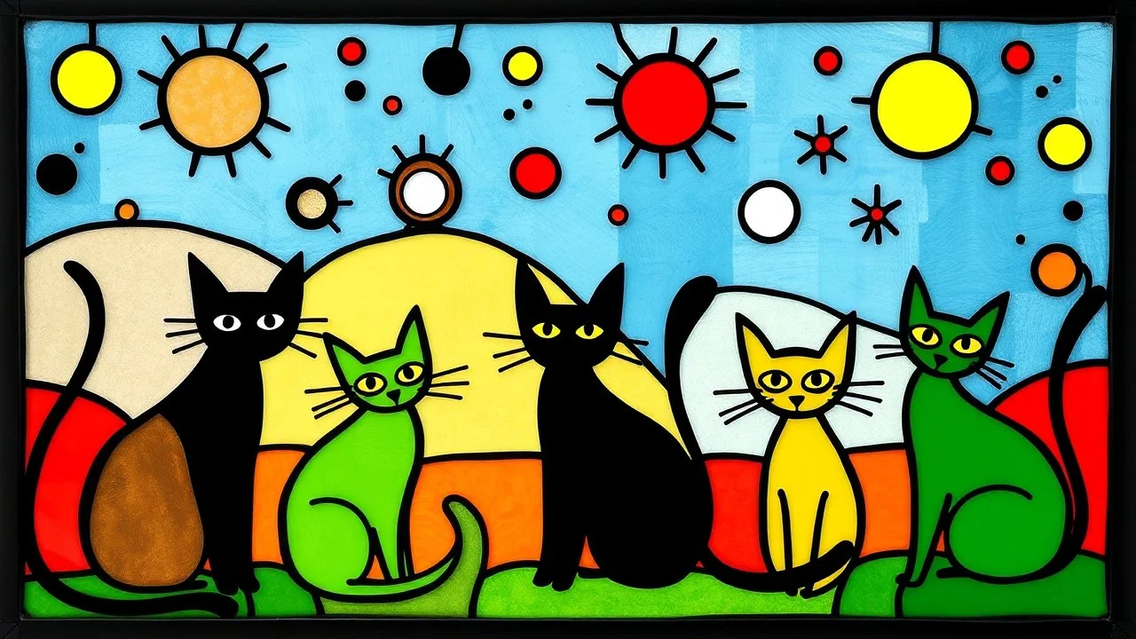 a playful abstract stained glass window in the style of Joan Miró, featuring six minimalist cats made of bold black lines and simplified organic shapes. The composition includes floating eyes, moons, dots, and stars in primary colors — red, yellow, blue — mixed with bright green and black. Each cat is reduced to essential forms: circles, curves, sharp ears, long tails, integrated into a colorful, free-flowing pattern. The stained glass has a modern, light-hearted energy, filled with whimsical sy