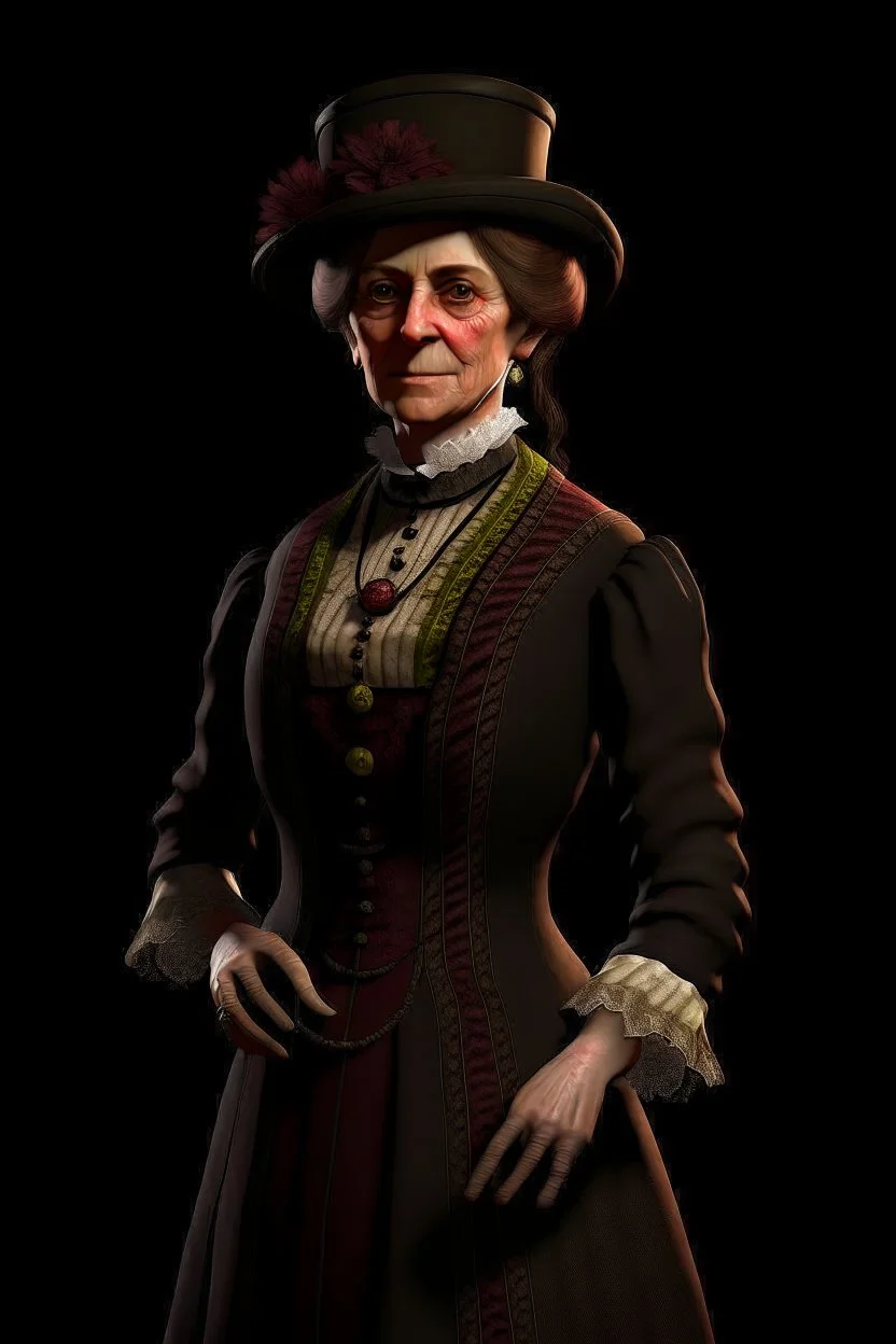 warm but stern aunty victorian era, posh british accent influenced, high born facial features dnd character on a solid black background, full body image, high quality realistic.