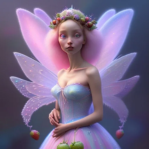 pixar style,realistic painting of a beautiful fairy in a jar jam marmelade,volumetric blue clouds,pink sky environment and flying strawberries in background, volumetric lighting,dramatic lighting, detailed digital painting, extreme dense and fine fur, anime, ornate, colour-washed colors, elegant, small minutiae, tiny features, particulars, centered, smooth, sharp focus, renderman gofur render, 8k, uhd, detailed eyes, realistic shaded volumetric lighting,caustics,backligh