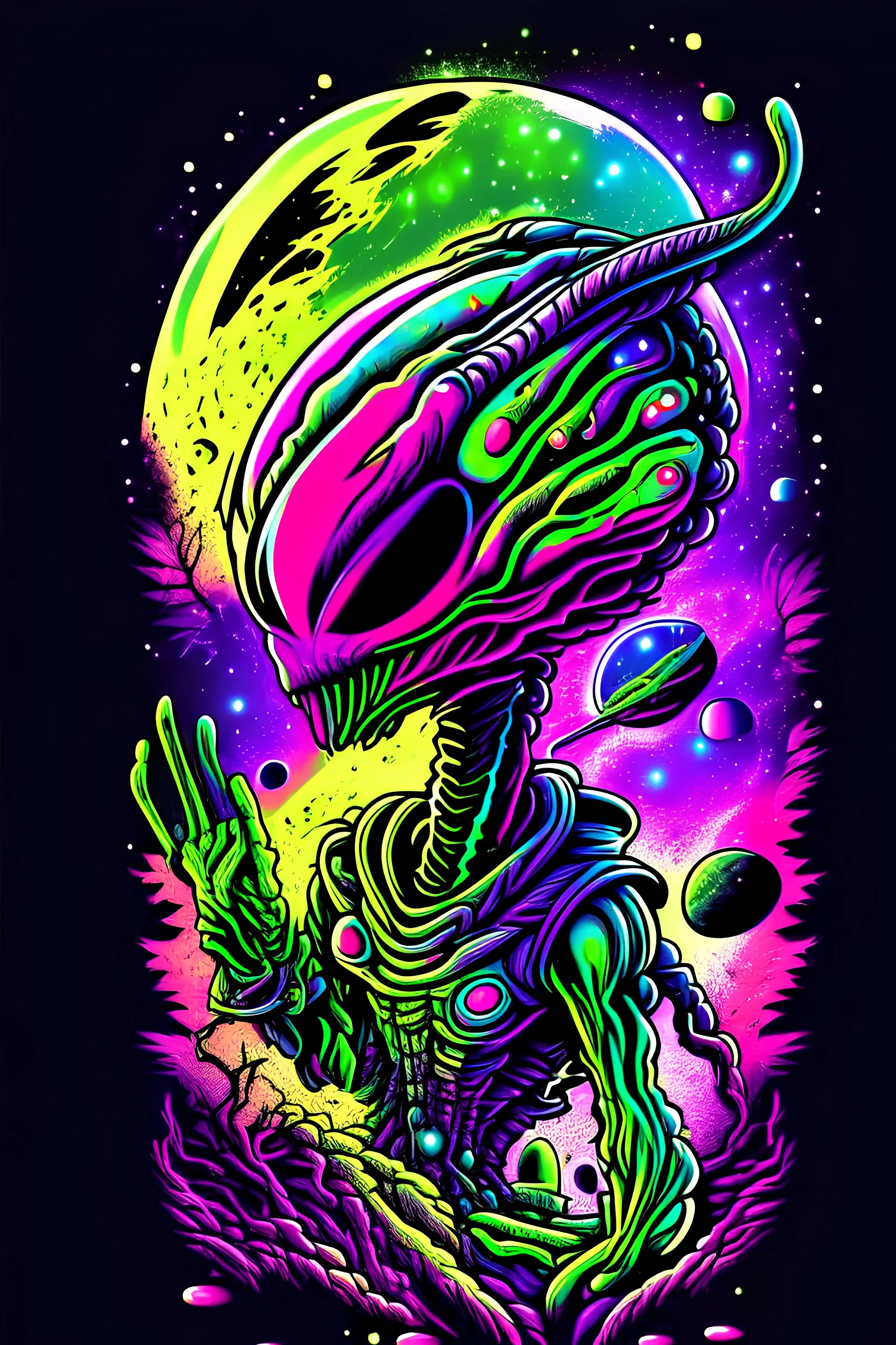 very details alien lost in galaxy background, T-shirt design, streetwear design, pro vector, Japanese style, full design, 8 colors only, solid colors, no shadows, full design, Bright colors, sticker, bright colors