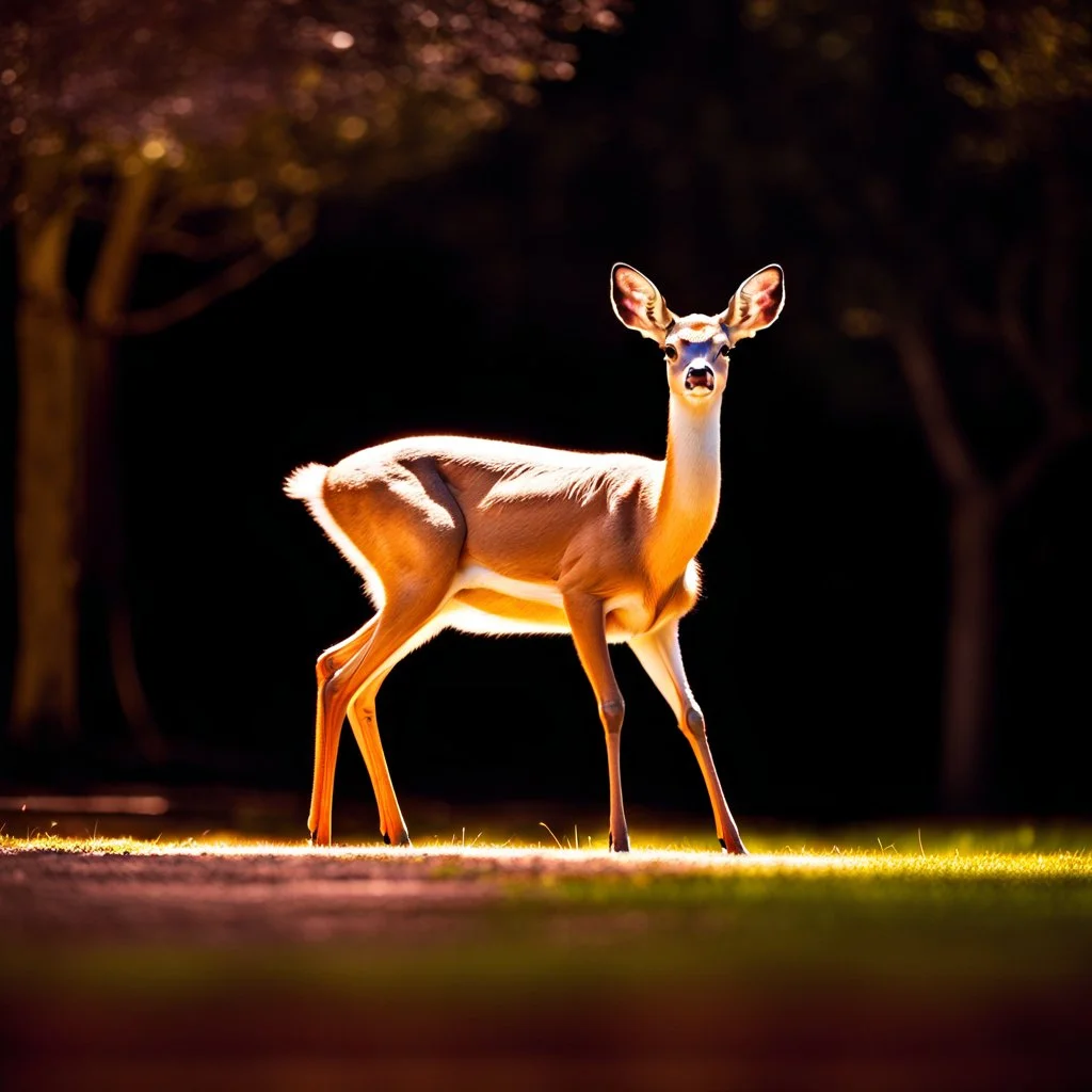 full body of a bald adult white tail deer, proud, chest out, tail upward, on flat background, in the style of 'My Little Pony' and Bambi, fantastic lighting, no spots