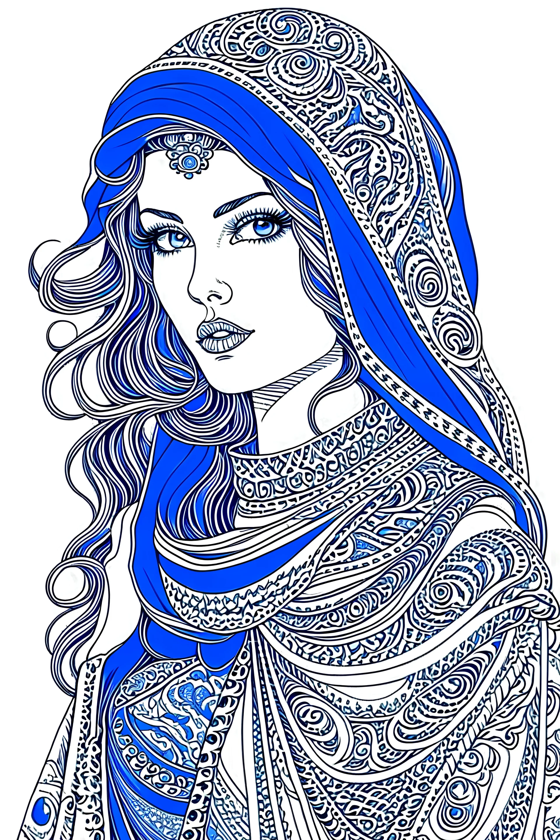 beautiful persian female drawings in blue pen vector images, comic, white background, manga,