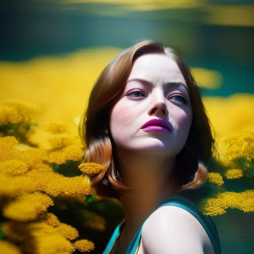 Emma Stone as Japanese eye underwater with yellow flowers for hair, closed eyes, rtx, reflection, 8k, glow, winning photography, caustics