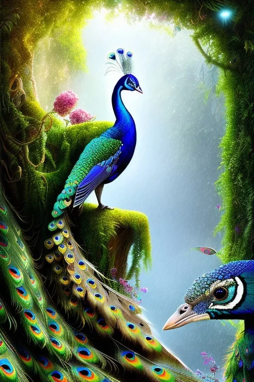 beautiful peacock, jungle, mystical, dreamlike, romanticism, fine detail, high quality, raining, rain droplets, beautiful colors,