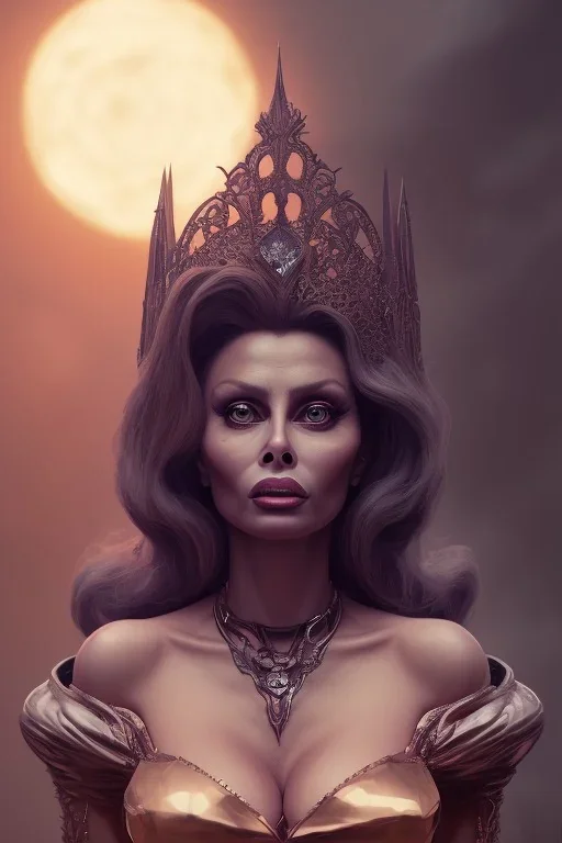 Sophia Loren as evil queen in black leather, cleavage, angry, stern look. character design by cory loftis, fenghua zhong, ryohei hase, ismail inceoglu and ruan jia. unreal engine 5, artistic lighting, highly detailed, photorealistic, fantasy