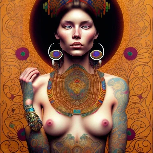 retrato de Mujer tribal bella con tatuajes con estilo de Gustav Klimt