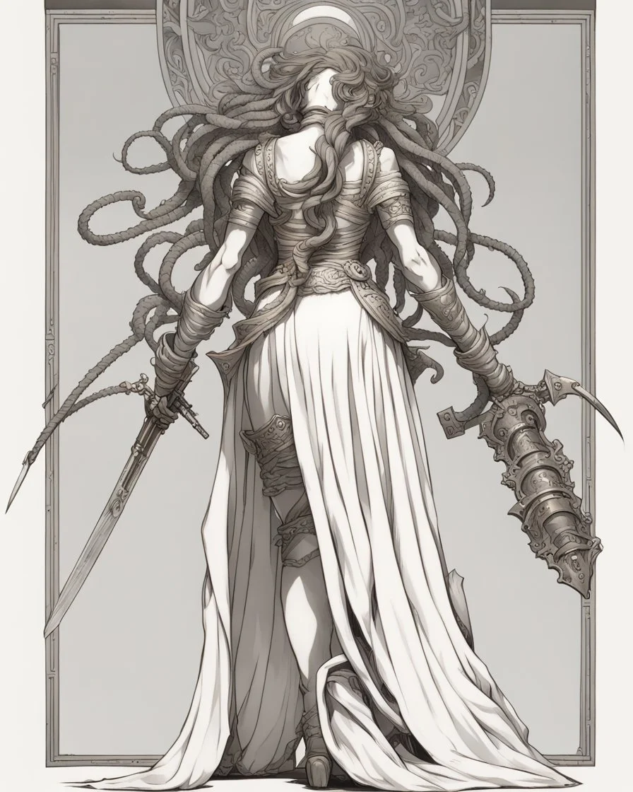 full-length, detailed persona, sword in hand, gorgon medusa, from the back, half turn