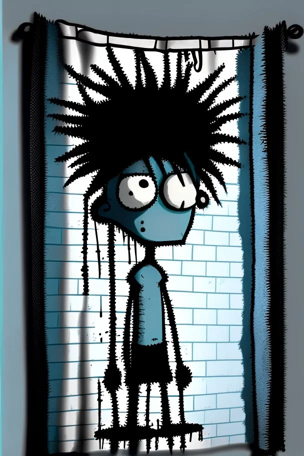 2d drawing of a stickman, cool with punk hair, x eyes like in hangman, dressed in a shower towel,leaning against a wall,3d realistic in colour