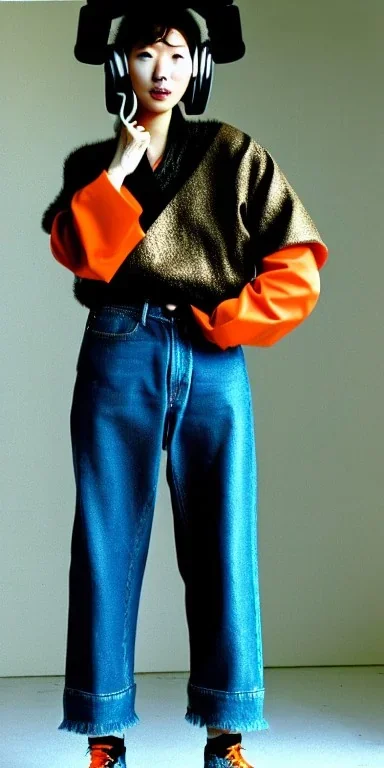 Young fleshy Korean woman black hair. thick thigh, thick calves. Style: Haute Couture, 1990's, rough street style.Mantle is sewed of recycled Denim and sewed together of camouflage pieces.Big headphones, with gold rings, is merged with small felt cap with small visor. A bag is integrated to the mantle. Patterns are composed of orange, cream, blue, lilac and purple. blue latex somewhere. It is with big bright purple felt tippet and cream-colored-hood. mantle is merged with tippet.