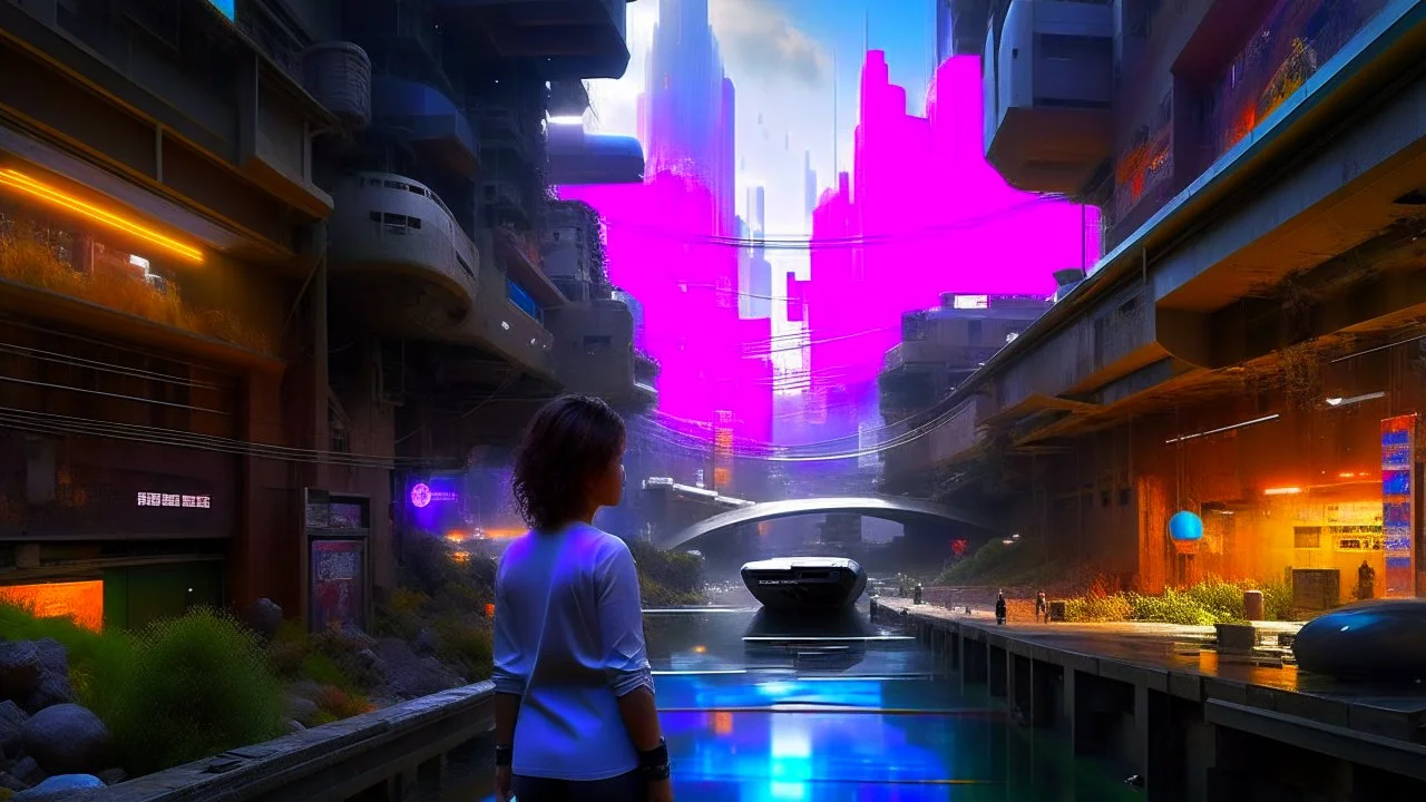 woman in a silver catsuit looking at a view of buildings made of reused dirty rusty metal next to a futuristic canal junction, cyberpunk, many painted colours, flying boats, balconies, bridges, people, shopping, eating, walking, fifth element, ghost in the shell, altered carbon, Ian McQue a masterpiece, 8k resolution, dark fantasy concept art, by Greg Rutkowski, dynamic lighting, hyperdetailed, intricately detailed, Splash screen art, trending on Artstation, deep color, Unreal Engine, volumetric