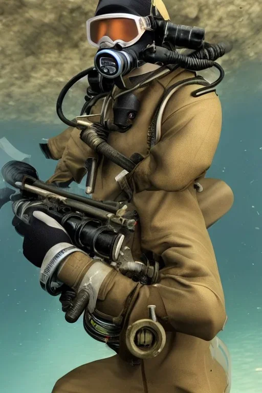 diver like a solder,with the gun,hi quality detail,hi quality textures,cinematic,realistic,aggressive,cosmic