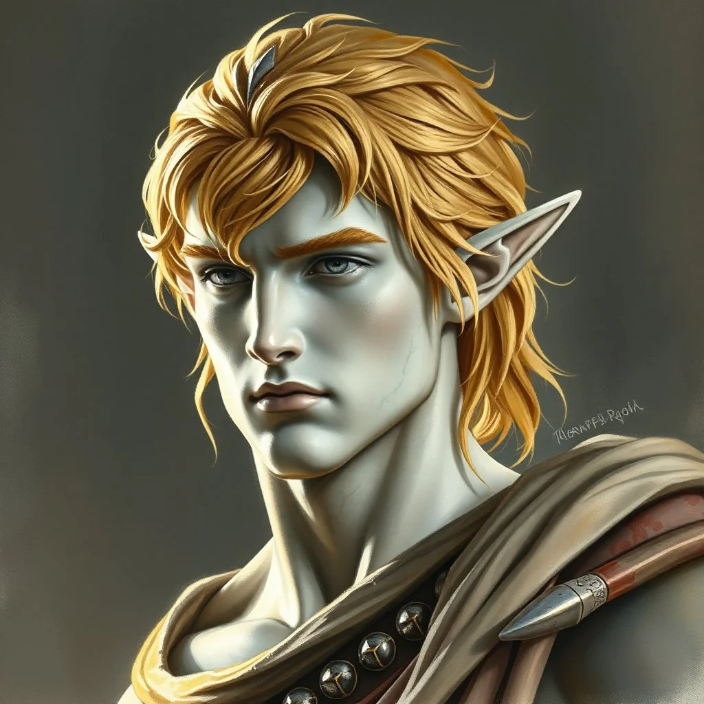 fantasy, dramatic portrait, marble statue of an elf male, marble skin, watercolour, golden hair, warrior, mighty, righteous