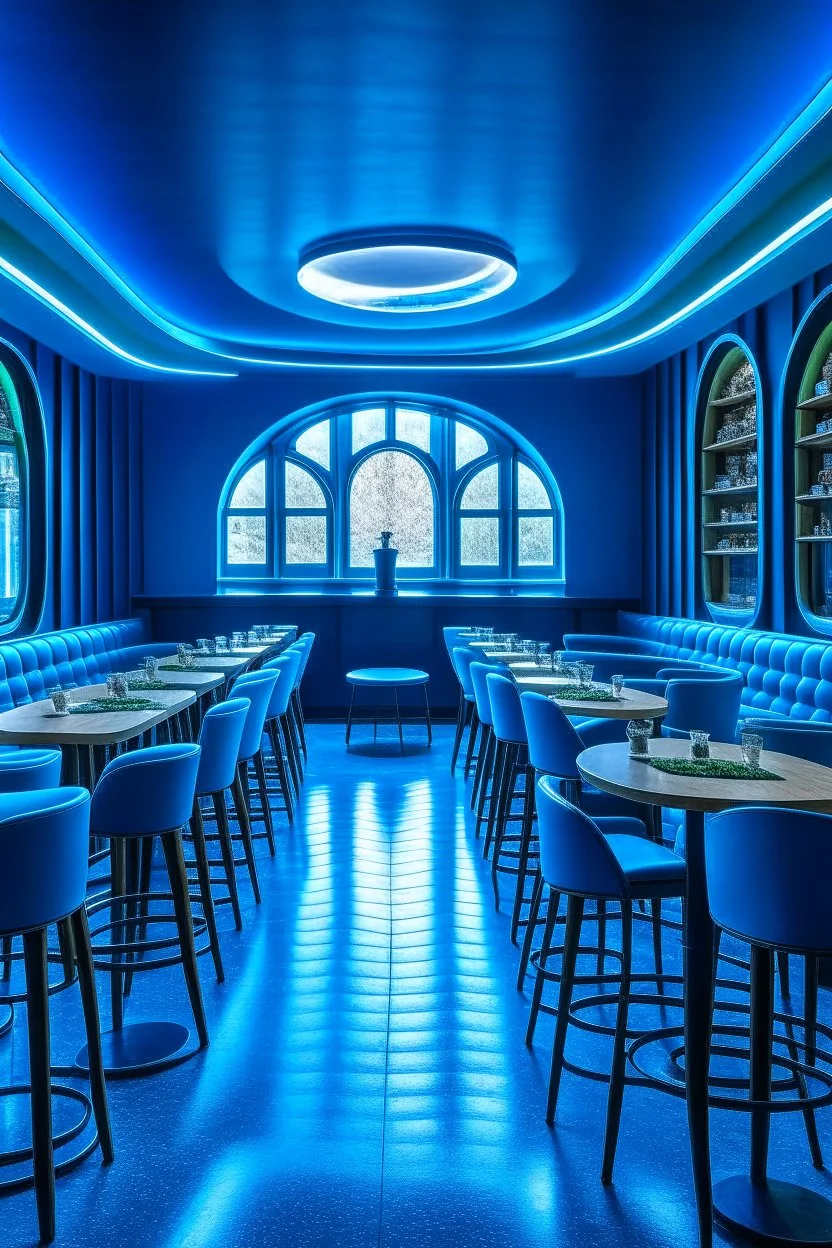 A restaurant whose outer walls are oval in shape, the color of the inside is blue, and its floor is light, with a bar table in the middle of the restaurant in the shape of an oval, containing 30 chairs without windows.