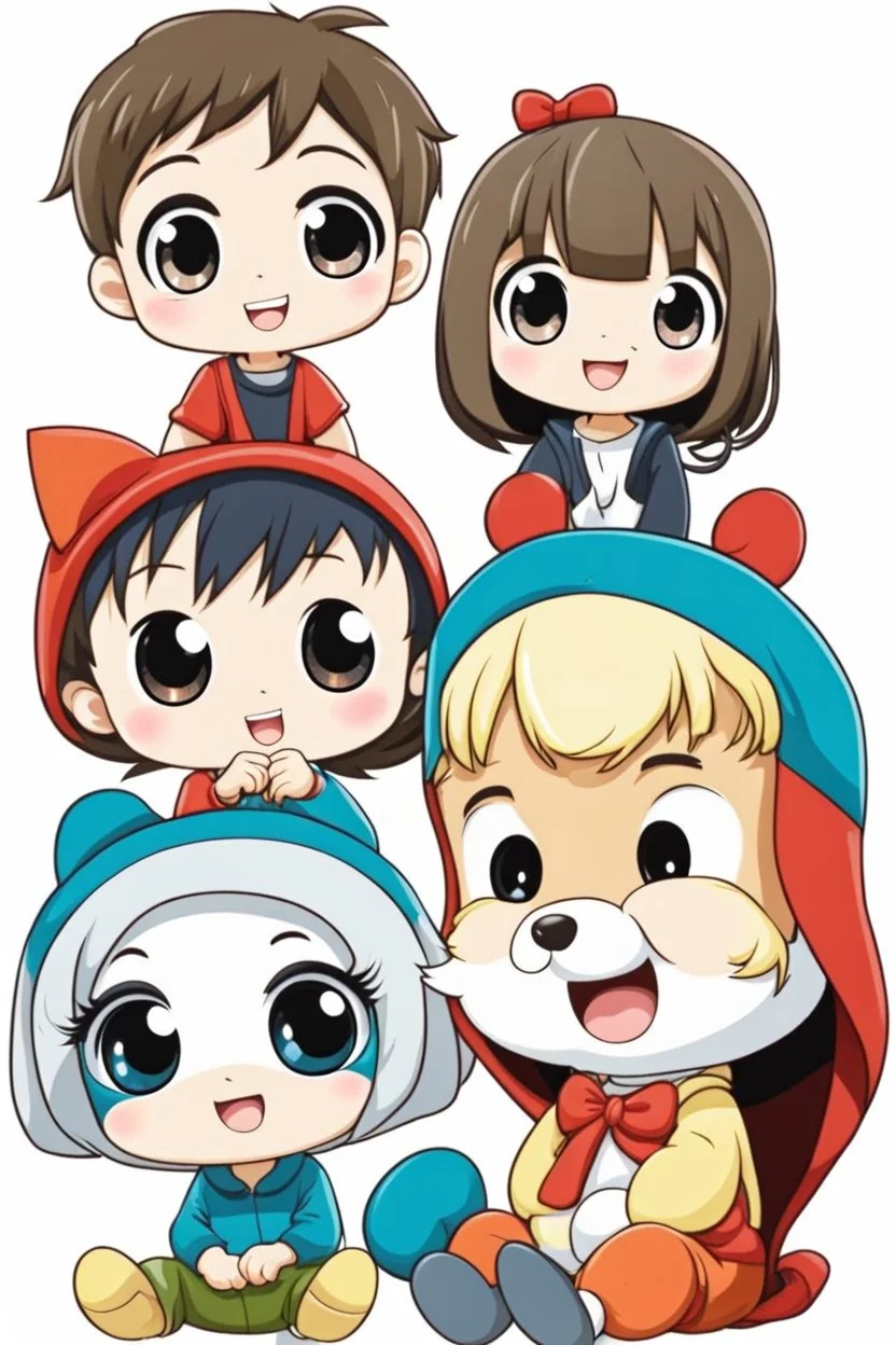 Adorable chibi five anime caracters happy group sitting together on White Background, cartoon mood