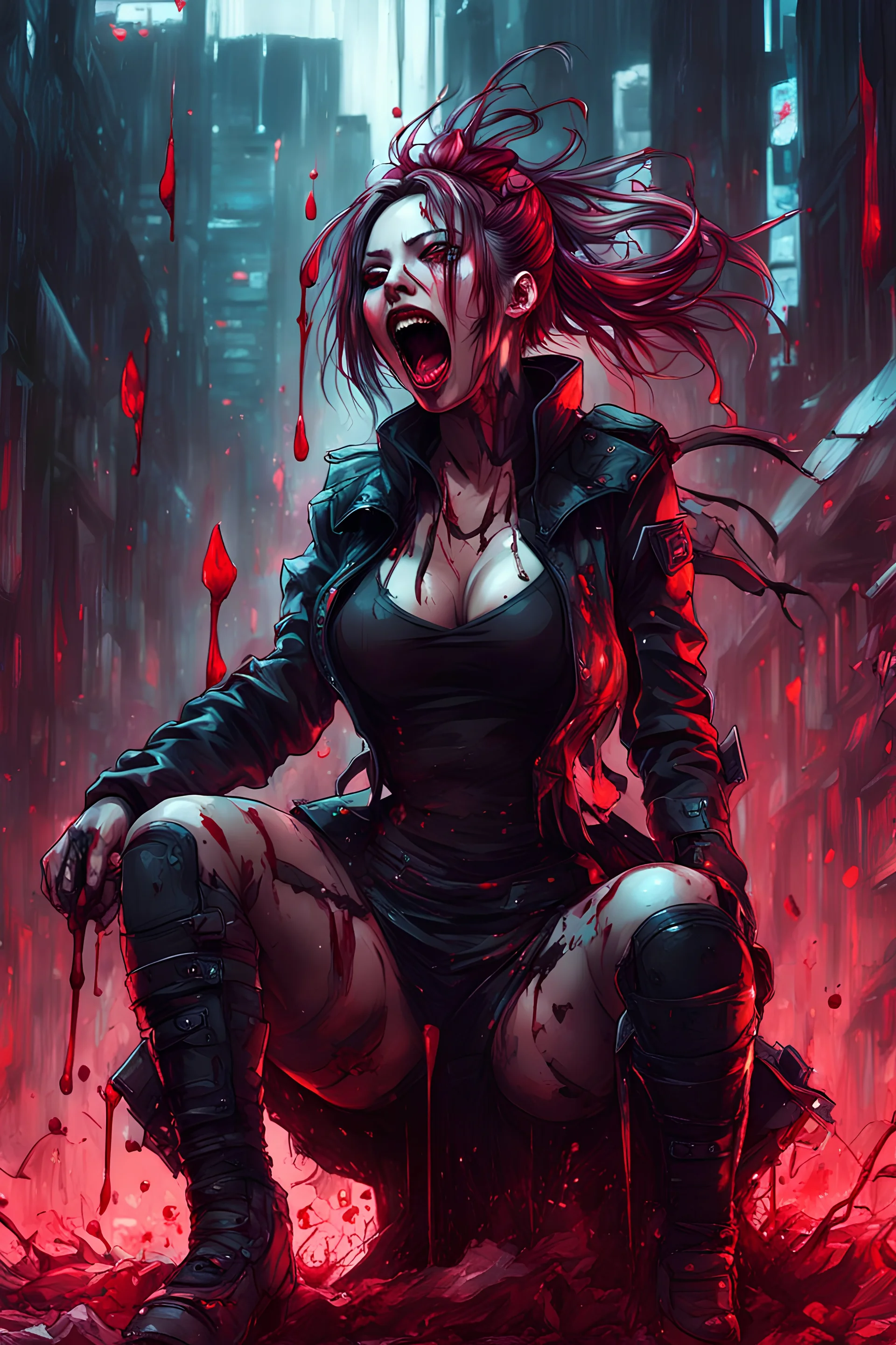 Cyberpunk girl, screaming, siting pose, fullbody, splashes blood, behind guts rising from the ground, darkred tones,