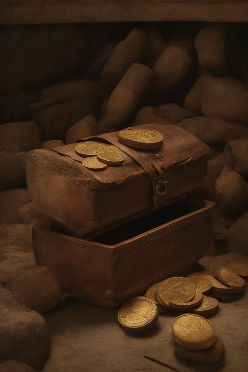 in the BASEMENT there is an old, broken brown oblong leather chest with short handles, from which gold coins from the time of Catherine the Great fall out. The ancient coat of arms of tsarist Russia, the double-headed eagle, is BARELY VISIBLE on the bag. There are a lot of broken bricks and earth around the bag. All in high quality 8K