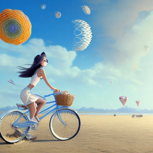 A girl is riding a bicycle on the beach. His cat is sitting in the front basket of the bicycle. Spring flowers can be seen everywhere. Beautiful blue sky with white clouds - kites in the sky. sense of peace. digital art, anime, 8k, full details, colorful, high resolution