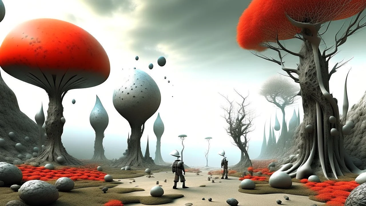 TREES AND ANTHROPOMORPHIC CREATURES IN A SURREAL ENVIRONMENT WITH THE GROUND RED AND GRAY ENVIRONMENTS IN THE SKY