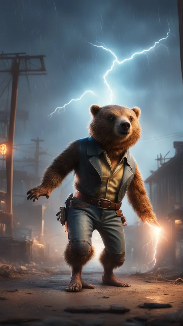 book cover illustration, fallout 4 setting, horror weird cowboy bear beaver alien bird walking on stilts in female garments, getting hit by lightening electric arc, with big disturbed eyes,bokeh like f/0.8, tilt-shift lens 8k, high detail, smooth render, down-light, unreal engine, prize winning