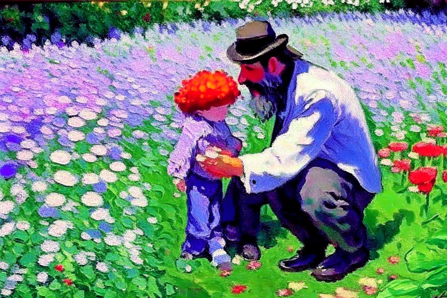 An oil painting of a father with his son in a flower garden by artist "Claude Monet"