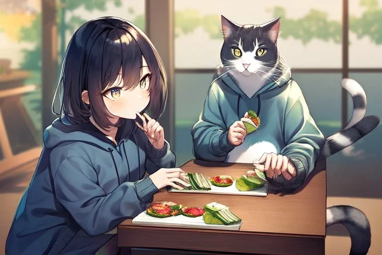 A cat with a hoodie is sitting on a table eating sushi. Perfect iris, perfect pupil, perfect eyes. Cat has paws