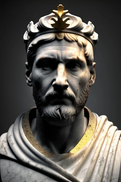 Ultra Realistic image, Roman sculpture, white marble material, Lionel Messi, gold laurel leaves crown, god crown, gold veins, gold ornaments, Renaissance style, sun rays background, waist up portrait, epic, celestial, cinematic lighting, God lights, 4k resolution, smooth details, soft lighting, unreal engine 5, art station, substance 3d.