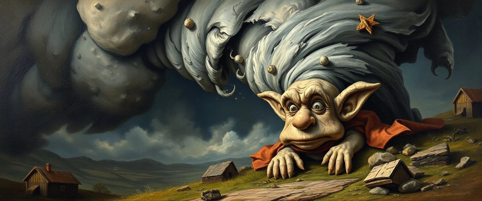 master oil painting by Rembrandt, good afternoon clay golem peeking out of a storm twister whirlwind, in the style of disney