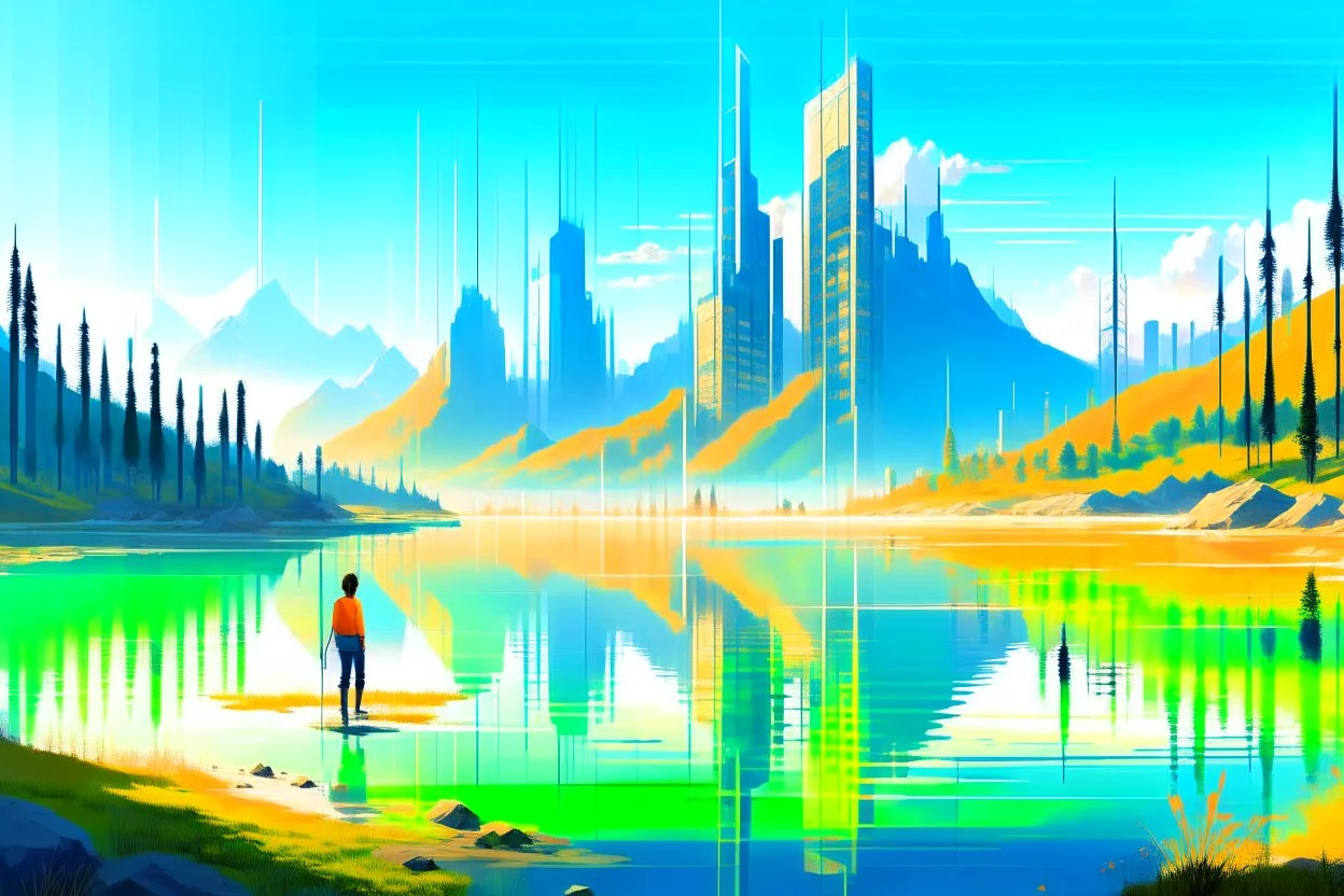 Sunny day, distant modern city, lake, lake reflections, people, mountains, sci-fi