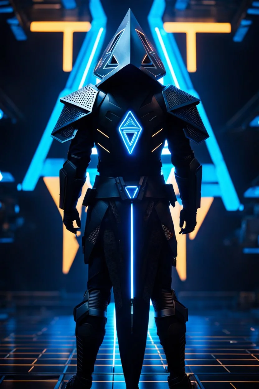 cyberpunk, neon blue, floating triangle of light behind the back, cyber armor, geometric patterns on an armor, male, orbiting triangle