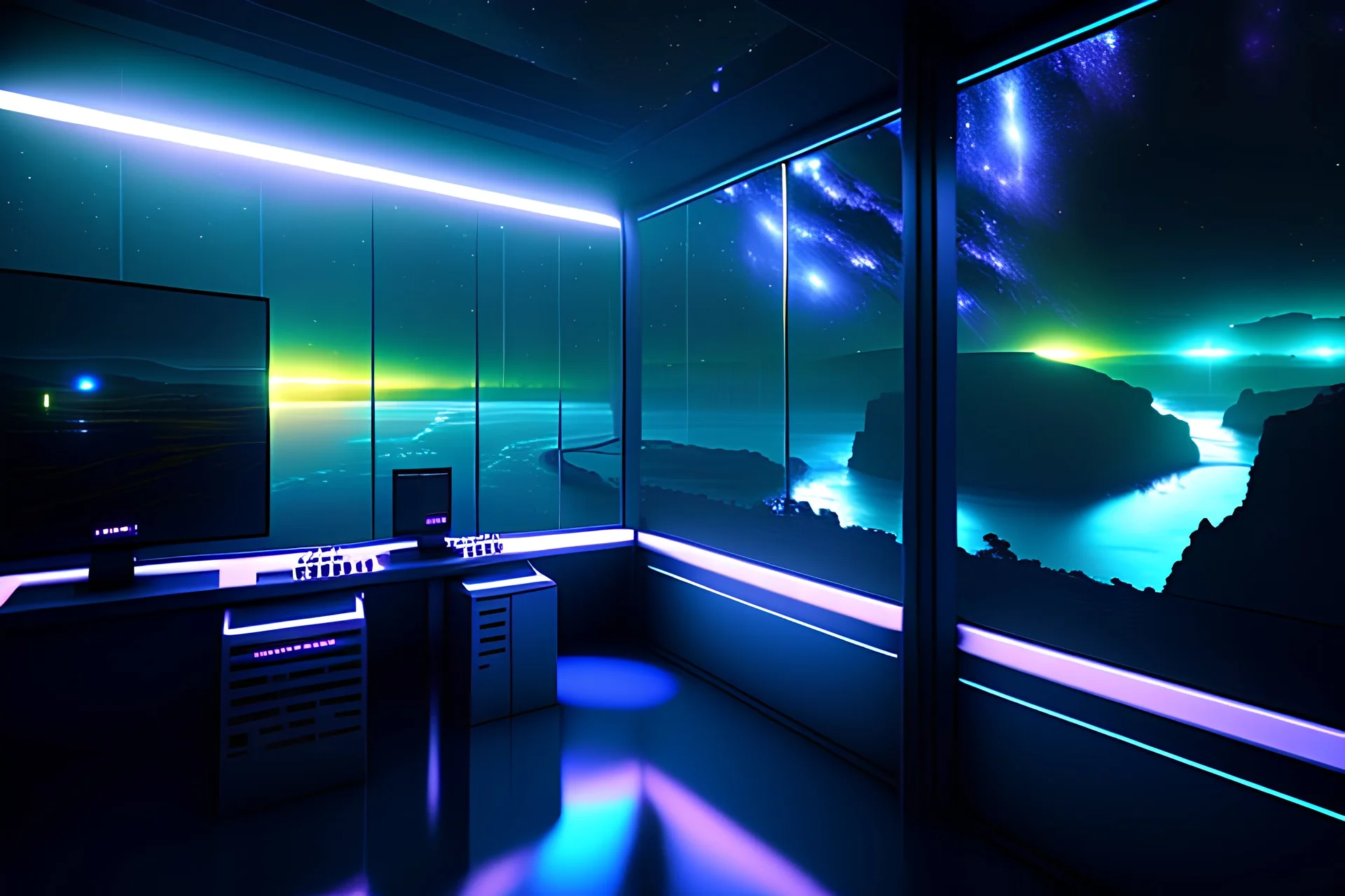 inside a sci-fi control station with windows looking out into the night sky, rain on the windows, outside is a river and cliffs