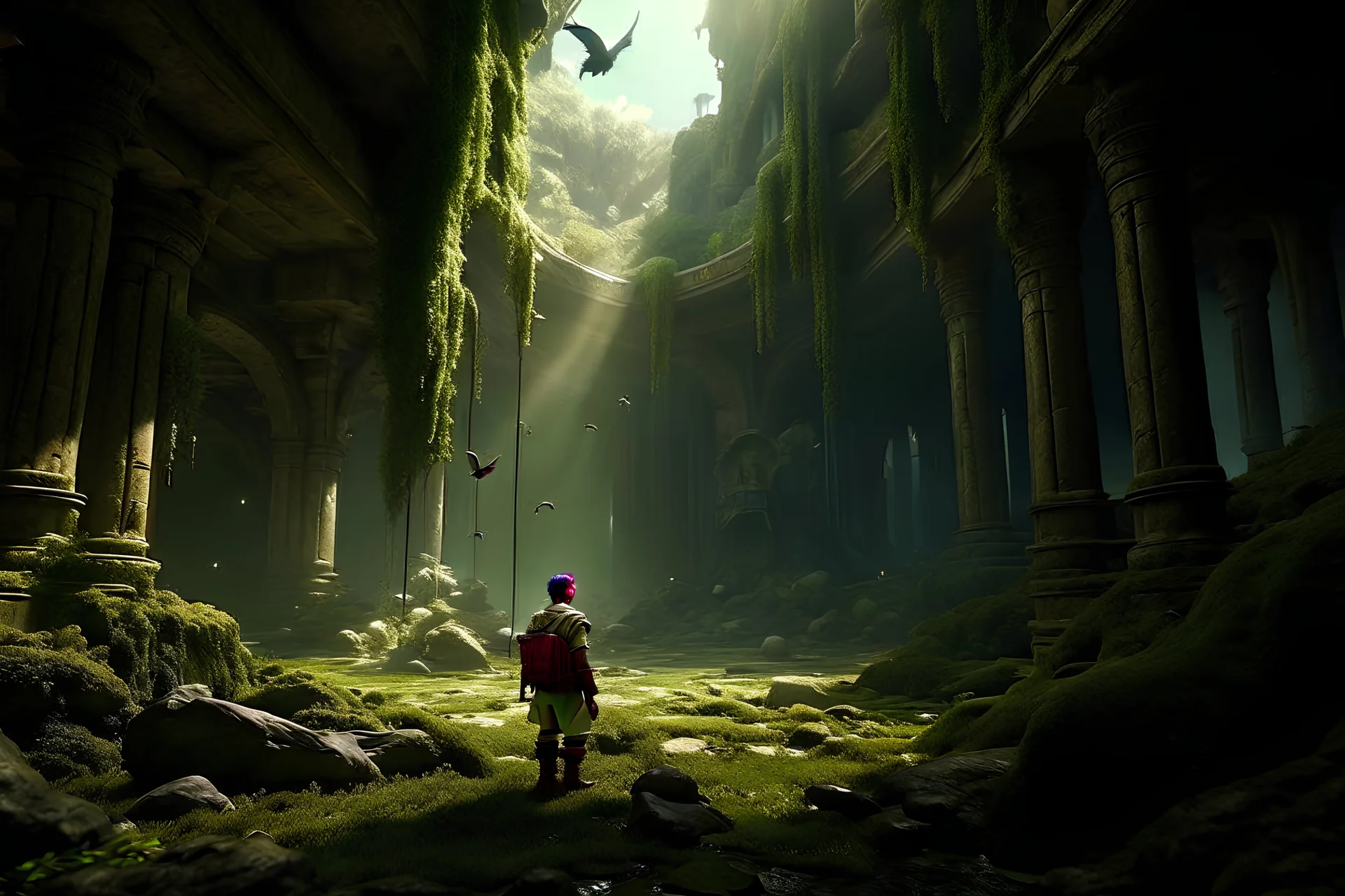 A adventurer finding a lost ancient city,bird flying in the distance,moss growing around, cinematic lighting,ray tracing,in the style of Chris Becker
