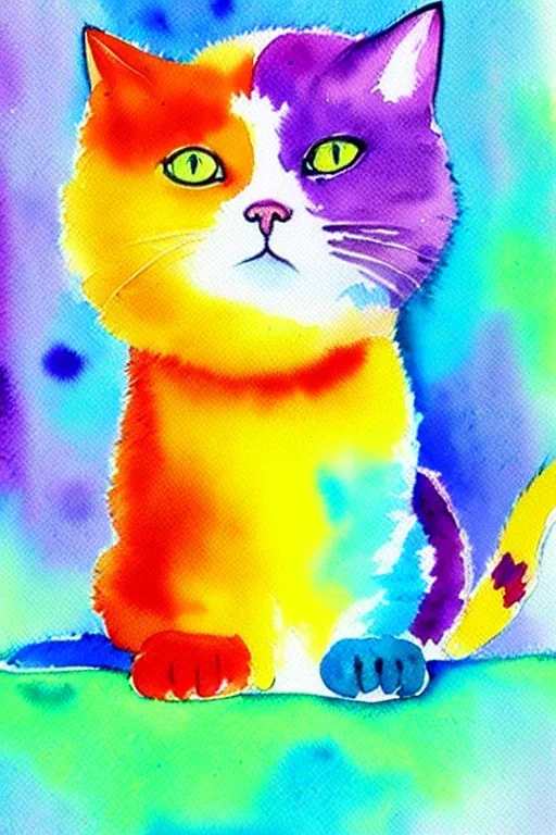 watercolor painting, happy cat, bright color,