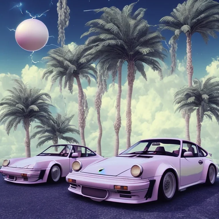 1980's aesthetic vaporwave palm trees and spheres and Porsche with lightning