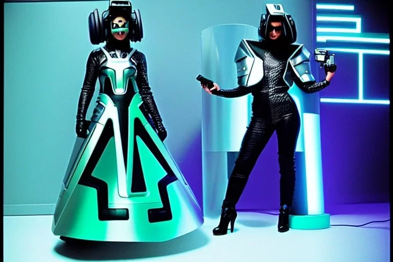 Photograph. Technological utopia. Machine, fake smile, staring eyes. 3D-tiling on the adaptive background. Lightly armored. Cyber-punk full-mask. Lay figure woman is Out-of-control. Insane. Surreal. Haute Couture 1990's. Light from right. Colors are silver, black, Cyan. Huge headphones. golden rings & disc. Thick tights. Thick calves. Curved fell. Wide hip. Cannot cure. Tron Movie, grotesque.