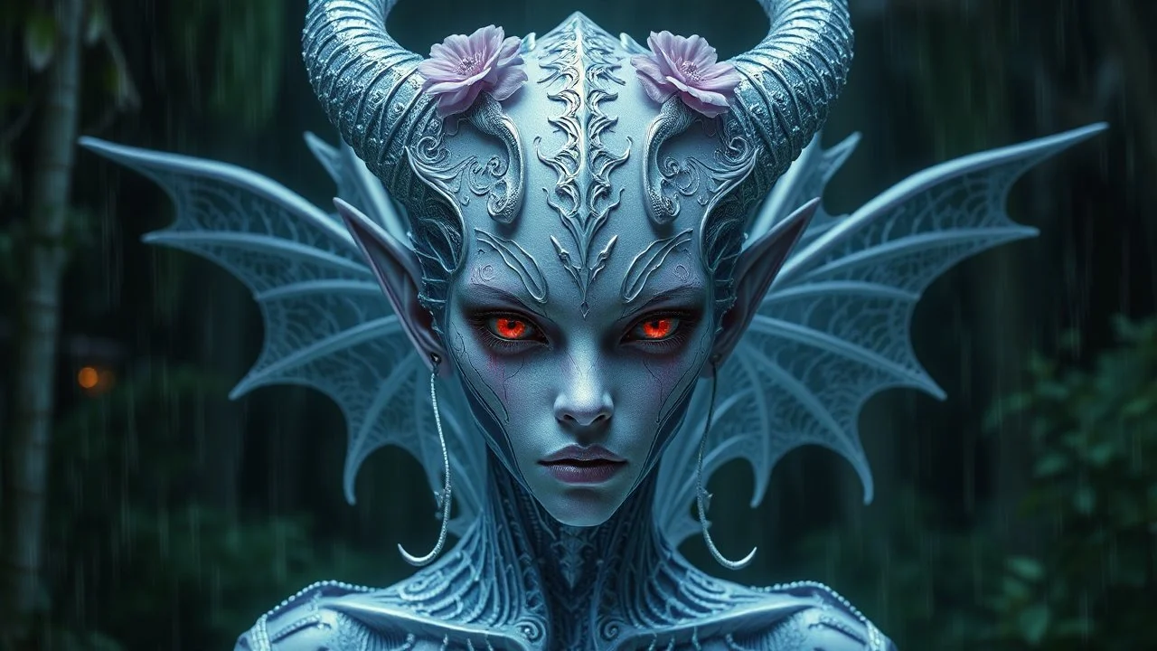 1. holographic simulation, beautiful xenobiotic alien demon with wings behind her on a night black forest background, floral beauty, super detailed face, bloody eyes, on night green forest and rain background, professional photo, 4k, high resolution, high detail, close-up, octane, body art, patterns, lavender color, white background, silver wire, artistic elven fantasy, filigree, dark botany, ultra detail, dark botany, photorealistic image