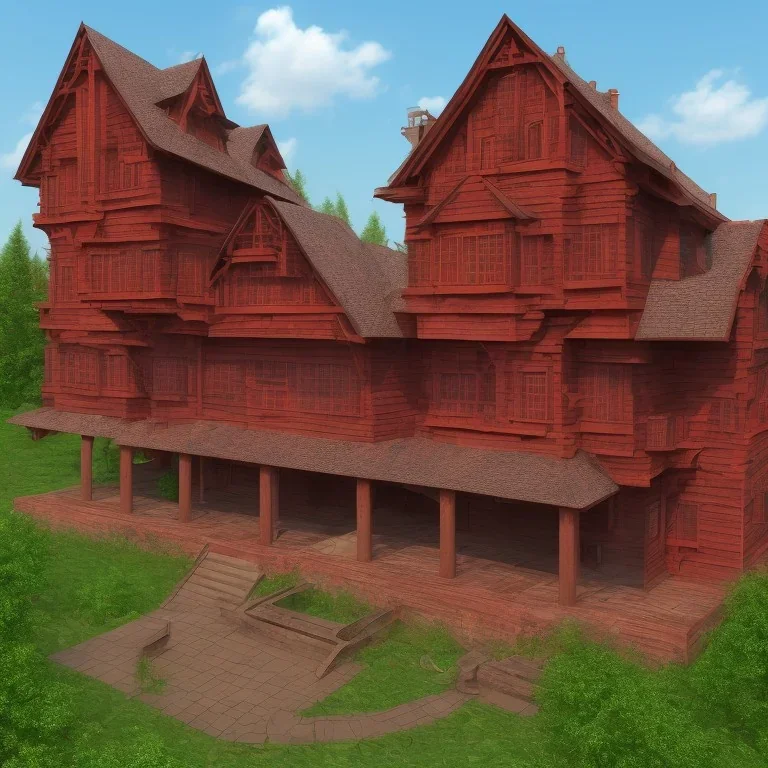 Exterior of a large, wide based 4 story red wooden house with 2 doors. One half is in good condition and the other half is rotten and moldy.