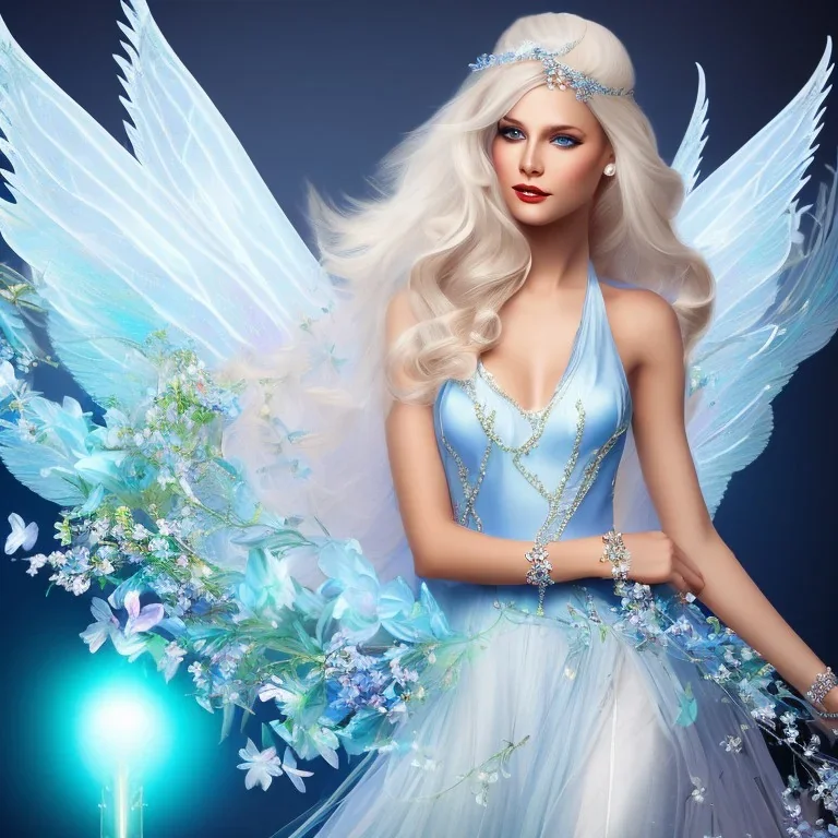 Fantasy fairy with transparent wings, smiling, make up, long platinum blond hair with crown and flowers, blue dress, flowering background