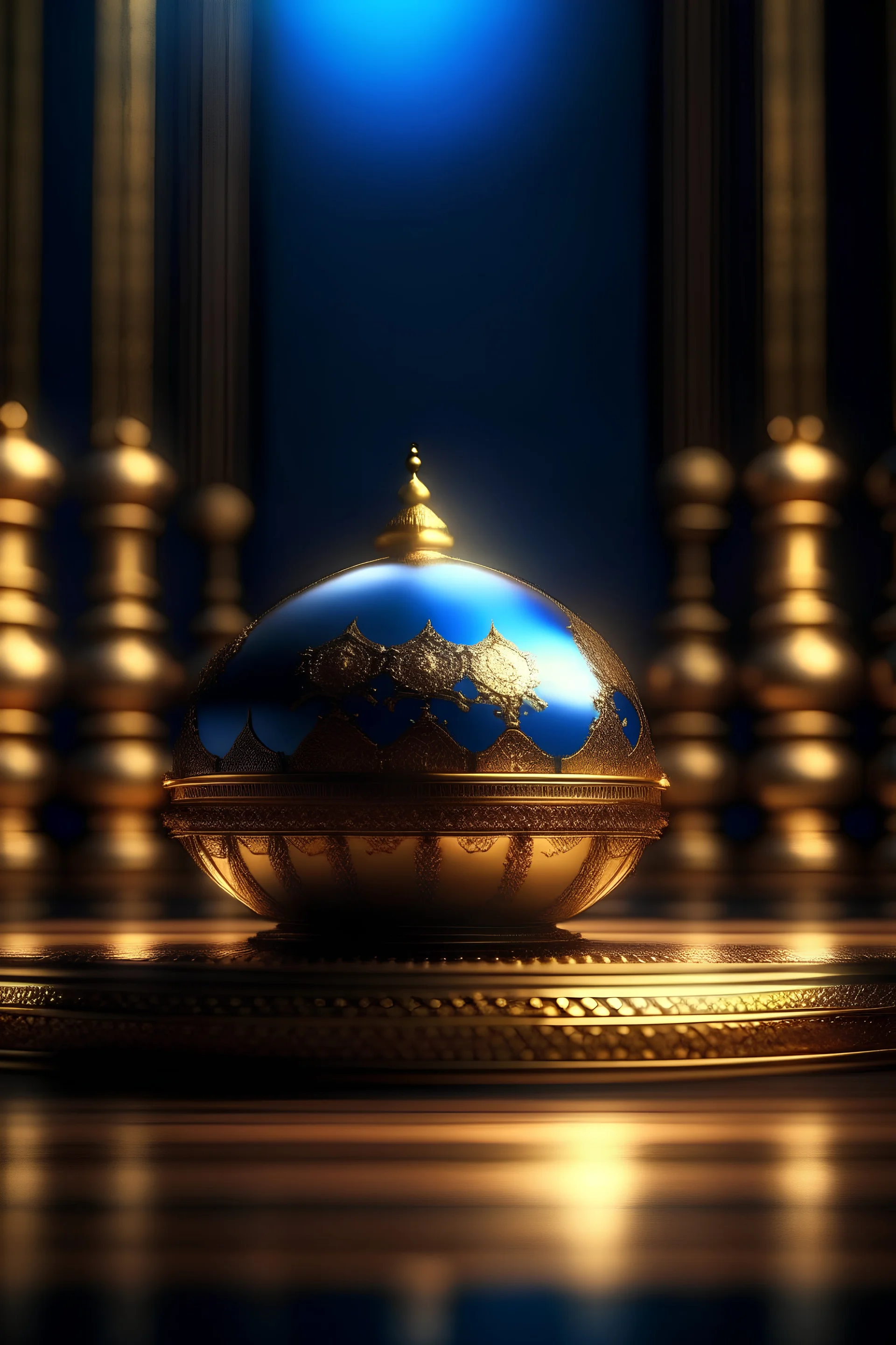 an sphere on a wooden table, [a large moon on a side and a beautiful mosque with golden and blue colors in center], presenting Ramadan is close, extremely detailed, glowing. close-up, blue and gold colors, golden material