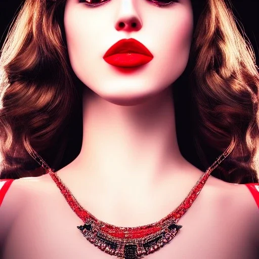 a princess with red lipstick, wearing jewelry, dramatic, dramatic lighting, volumetric lighting, hyperrealism, 8k, high quality, photorealistic, lot of details