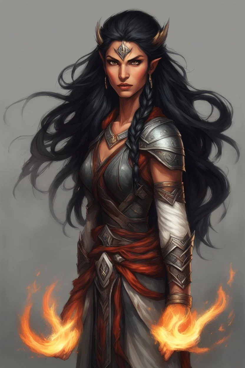 strong eladrin female Druid. Long bright black hair, half braided and half down, appearing like it's made from fire. She wears light armor, prioritizing agility for her fire and magic prowess. A big scar on her face tells of battles. Imagine her making fire from her hands, with big, bright red eyes that resemble flames. Her tanned brown skin complements her warrior look, symbolizing strength and elemental mastery.