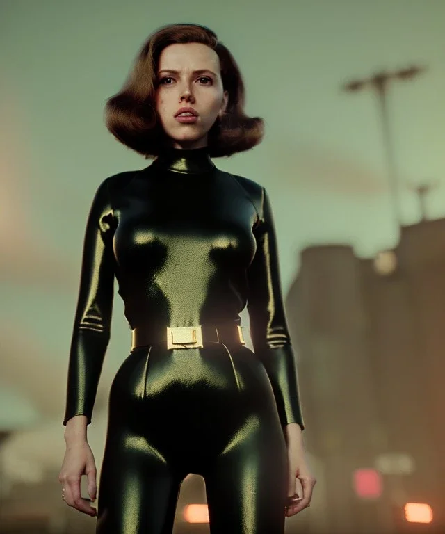 retro sci-fi portrait image from 1960, supermarket parking explosion, young Scarlett Johansson, classic black tight lycra latex suit, gold bracelet and belt, long hair, soft color, highly detailed, unreal engine 5, ray tracing, RTX, lumen lighting, ultra detail, volumetric lighting, 3d, finely drawn, high definition, high resolution.