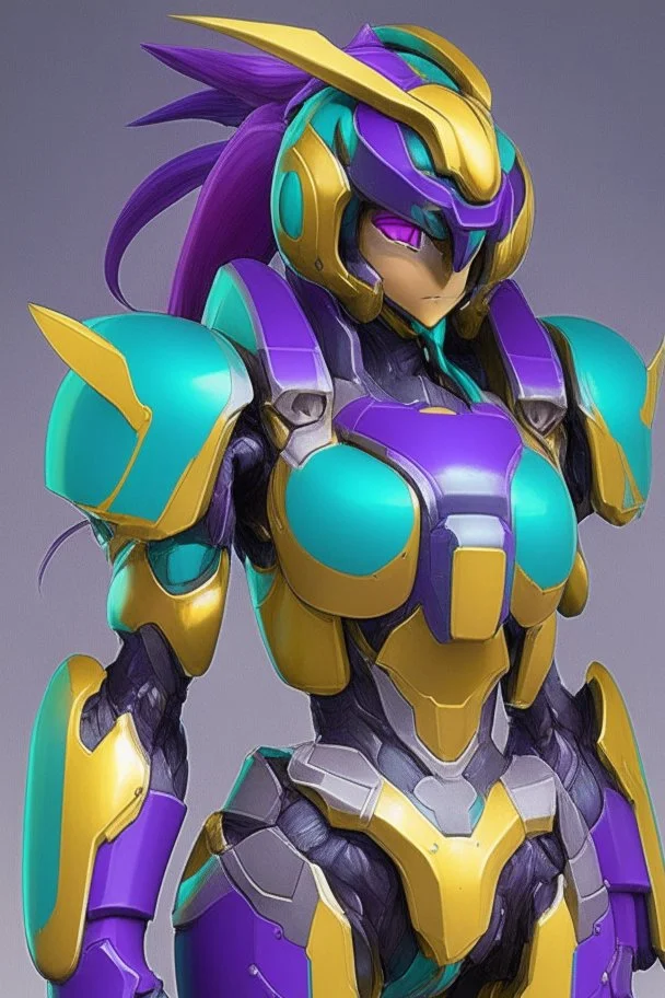 One Genderless Cyborg made of metal, has a human like face with a really long violet ponytail, the armor is similar to Omega from Megaman. The color palatte of the armour is deep purple and yellow. They have clear visor, and have Turquoise colured eyes.