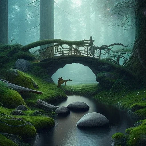 poet with lute, evening, glowing mist creature on rock under wooden bridge in magical forest, spray painting, foliage frame, fantasy art , movie poster, Realistic photography, incredibly detailed, ultra high resolution, 8k, complex 3d render, cinema 4d, color corrected