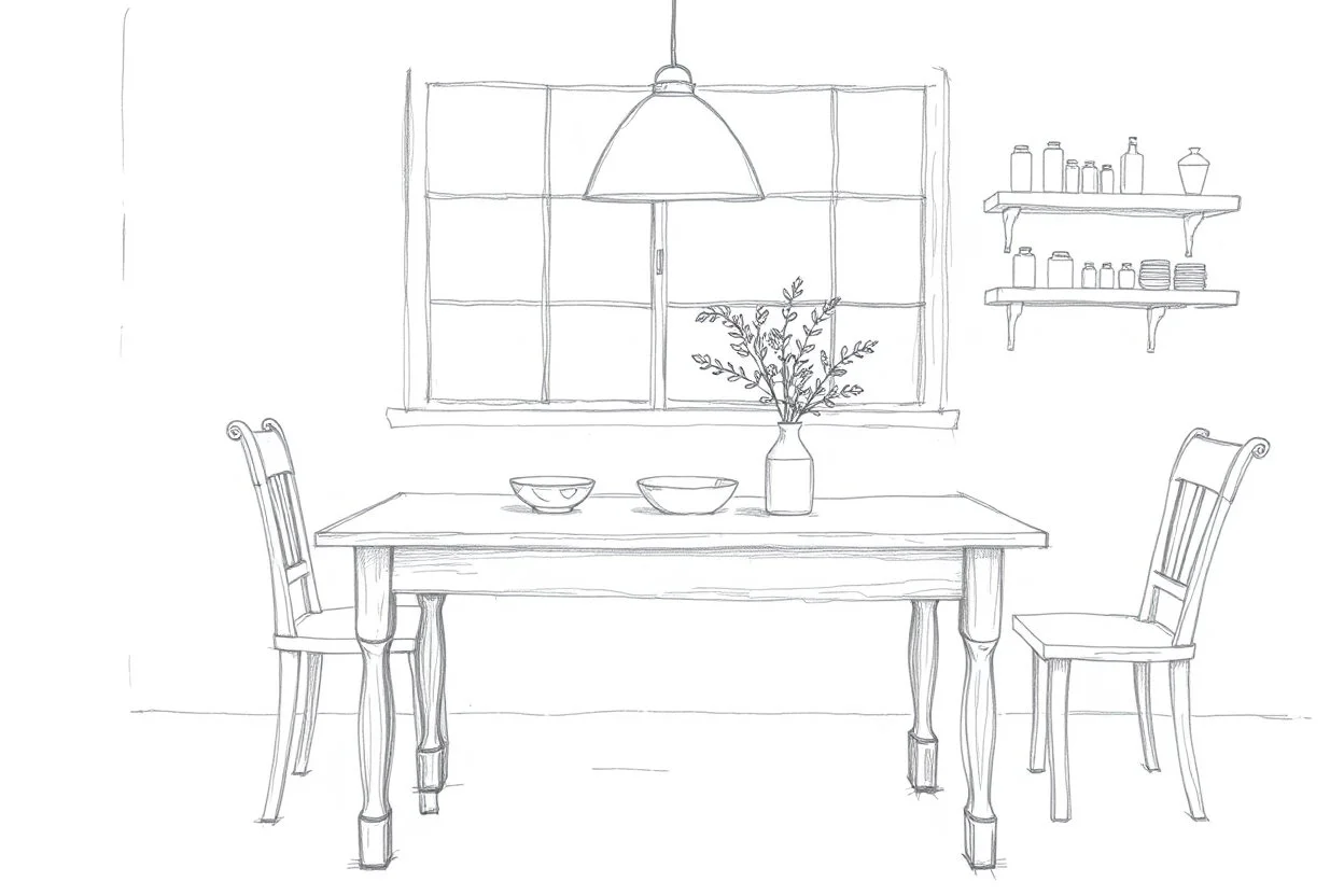 Minimalist outline of a kitchen table still life in pencil in the style of the sketches of Van Gogh