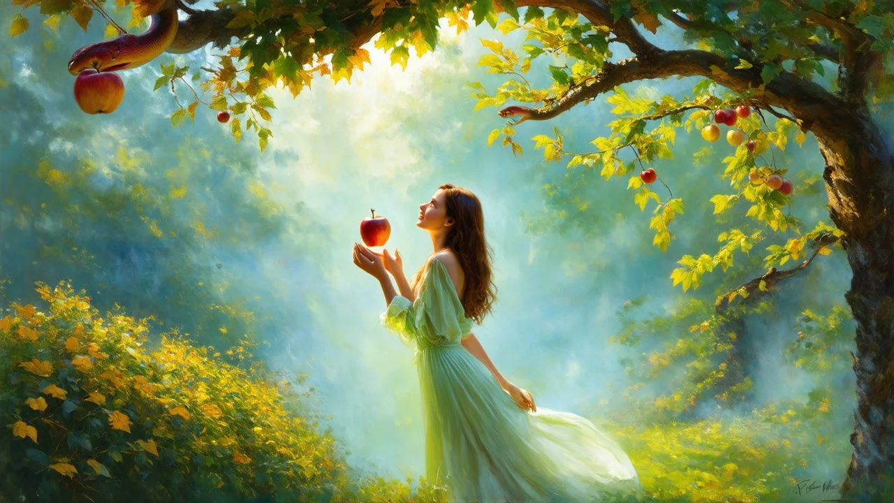 Masterpiece, Fairytale Atmosphere, Haze, Textured Oil Painting with Visible Brushstrokes, Eve in Leafy Clothing in the Garden of Eden Reaches for an Apple, A Serpent Perched on an Apple Tree Branch, Detailed and Effective Lighting Creates a Magical, Fairytale Picture. Detailed and Effective Lighting Creates a Magical, Fairytale Image. Realistic, Volumetric Lighting, Mixed Media, Surreal Futuristic Portrait, Glow, Textured, 3D, 8K, Best Quality, Fine Art, High Detail, Hyperrealism, High Resolutio