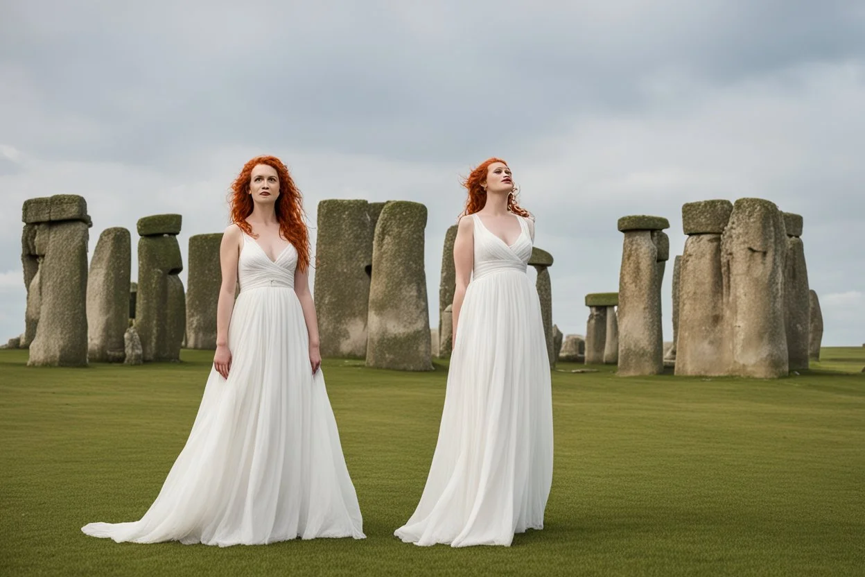 A tall slim red-headed woman, in a white floaty dress, standing in front of Stonehenge