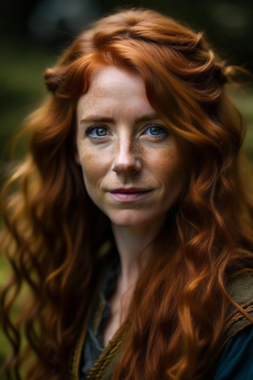 portrait of a beautiful 35 year old highlander woman with long reddish wavy hair, earthbound