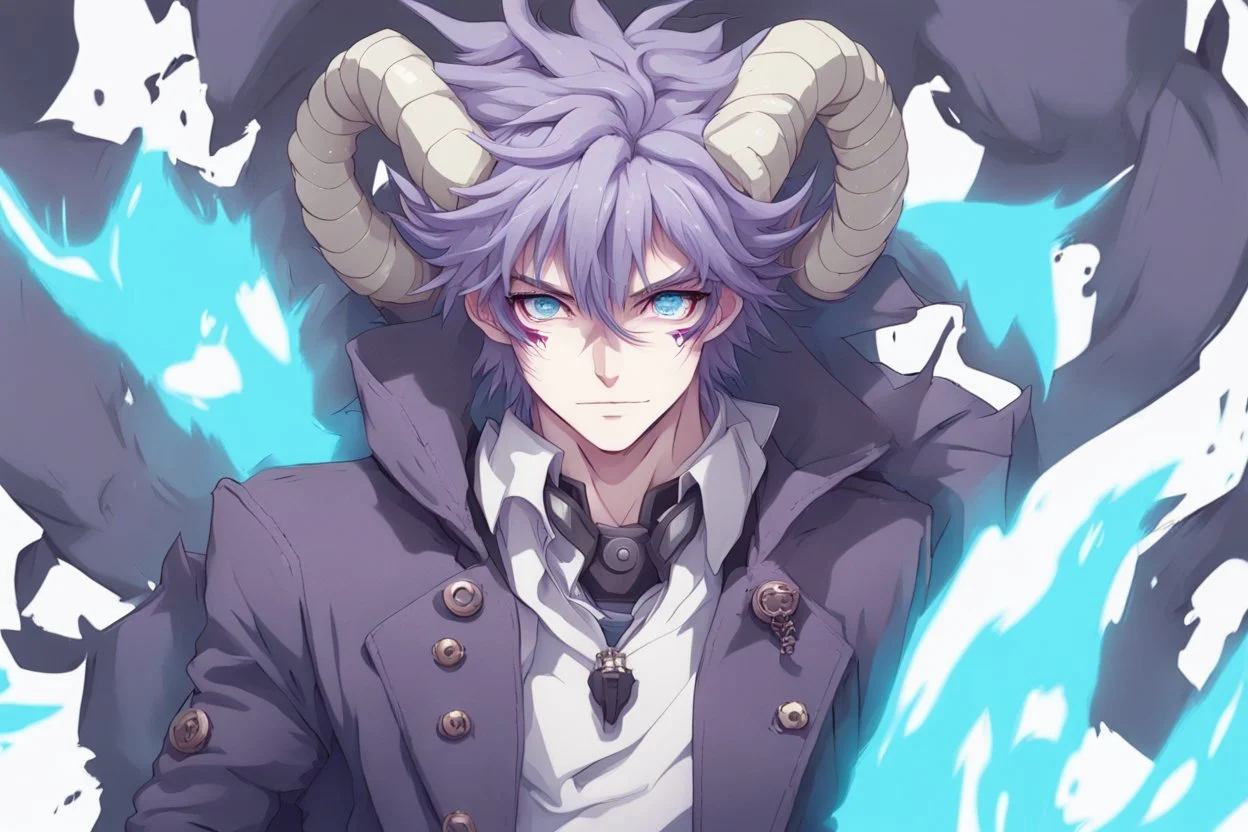 anime man with ram horns, fangs, messy purple hair and blue eyes